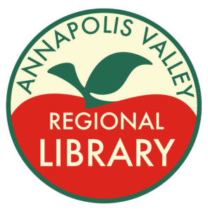 Green circle with red apple and pale yellow background inside. Annapolis Valley Regional Library.