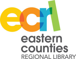 ECRL in yellow, orange, blue, and green letters, Eastern Counties Regional Library in grey.