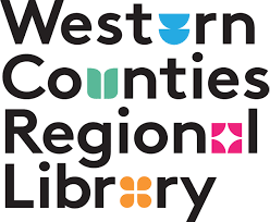 Western Counties Regional Library with decorative shapes replacing some letters, in blue, green, pink, and mustard.